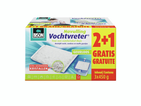 Worek uzupełniający Bison wilgoć absorber® neutralny 3x 450 g nadaje się do pochłaniacza wilgoci®, zwalcza wysoką wilgotność, nie wymaga baterii, nadaje się również do przyczep kempingowych i kamperów