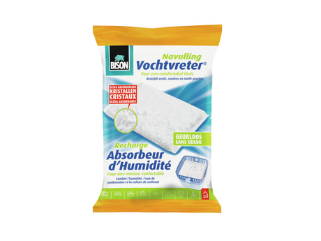 Worek uzupełniający Bison wilgoć absorber® neutralny 450 g, odpowiedni do pochłaniacza wilgoci®, zwalczający wysoką wilgotność, nie wymaga baterii, nadaje się również do przyczep kempingowych i kamperów