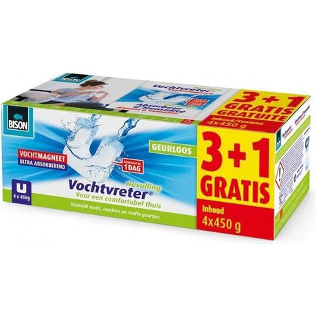 Bison wilgoć absorber® magnes 450g 3+1 gratis - bezzapachowy wkład do urządzenia wilgoć absorber®, 4x 450 g, zwalcza wysoką wilgotność w pomieszczeniach mieszkalnych, nadaje się również do przyczep kempingowych i kamperów