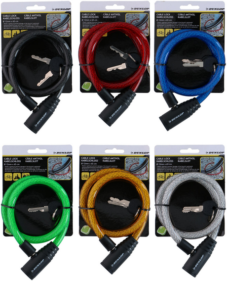 Blokada kablowa Dunlop ø12 mm x 65 cm - blokada rowerowa z plastikową osłoną - blokada kablowa do roweru i hulajnogi - w zestawie 2 klucze - 1 losowy kolor