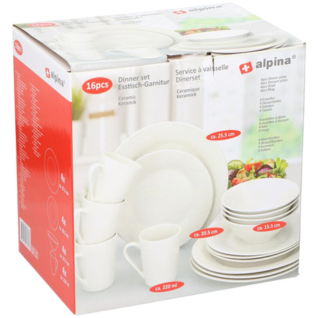 Zestaw zastawy stołowej Alpina 16-częściowy - zestaw talerzy obiadowych dla 4 osób - zastawa ceramiczna - talerze obiadowe, talerze deserowe, miski i kubki - można używać w kuchence mikrofalowej i myć w zmywarce - biały