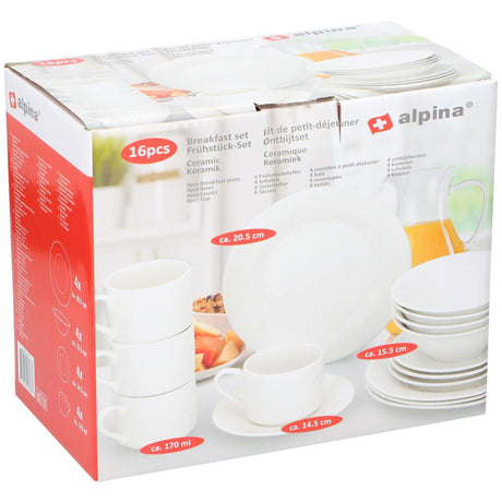Zestaw zastawy stołowej Alpina 16-częściowy - zestaw talerzy śniadaniowych dla 4 osób - ceramiczna zastawa stołowa - talerze śniadaniowe, miski, kubki i spodki - można używać w kuchence mikrofalowej i zmywarce - biały