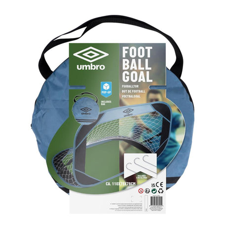 Bramka piłkarska Umbro wyskakująca o wymiarach 110 x 78 x 78 cm, zawiera haczyki i torbę