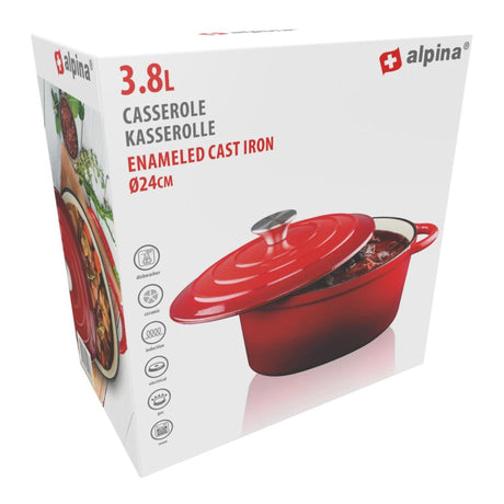 Alpina braadpan gietijzer met deksel - bakpan 24 cm - alle warmtebronnen - rood