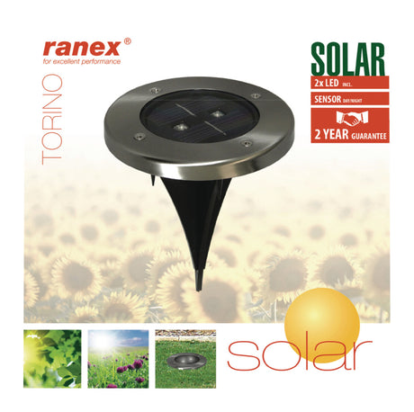 Ranex ra-5000389 okrągły reflektor LED na energię słoneczną, ze szczotkowanej stali nierdzewnej