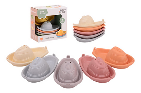 Łódki do kąpieli z bioplastiku Johntoy Happy World, 5 sztuk, zabawki do układania jeden na drugim.