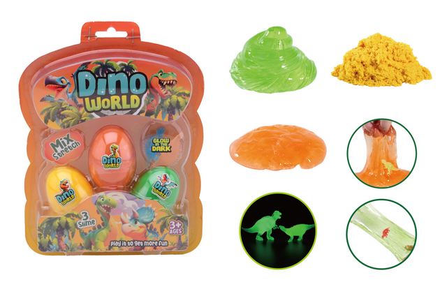 Johntoy Dino World 3 śluzowe jaja ze świecącym w ciemności dinozaurem