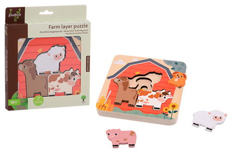 Puzzle drewniane farma Jouéco z warstwami zabawek edukacyjnych.