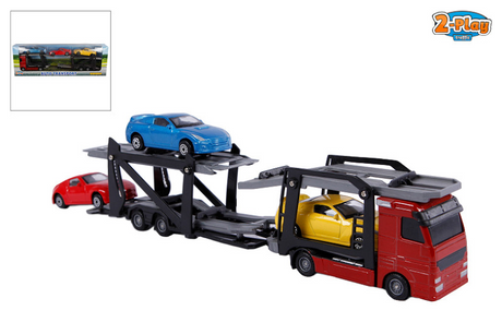 Odlewany transporter samochodowy dla 2 osób z 3 samochodami, 26 cm, wielokolorowy