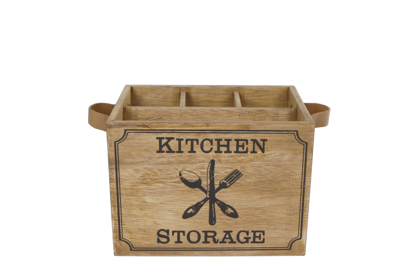 Bestekbakje hout kitchen storage leren greep 17x12,5x12,5cm