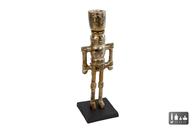 Kandelaar nutcracker goud zwart aluminium 3x6x22cm