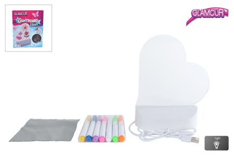 Tablica świetlna Glamour Van Mane w kształcie serca ze złączem USB i 7 markerami 16 cm.