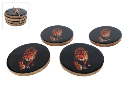 Onderzetter leopard 4 stuks zwart hout emaille 10x10x3,5cm