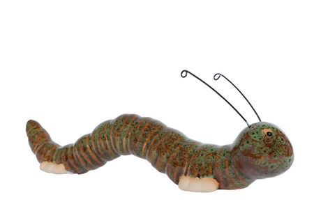 Sculptuur caterpillar l bruin groen aardew 22,5x4,5x8cm