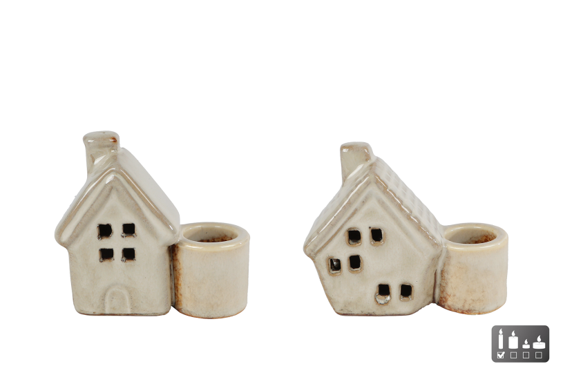 Kandelaar huisje aardewerk beige 8x3x7cm assorti