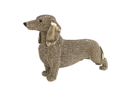 Sculptuur teckel glinster goud polystone 18,5x6x12cm