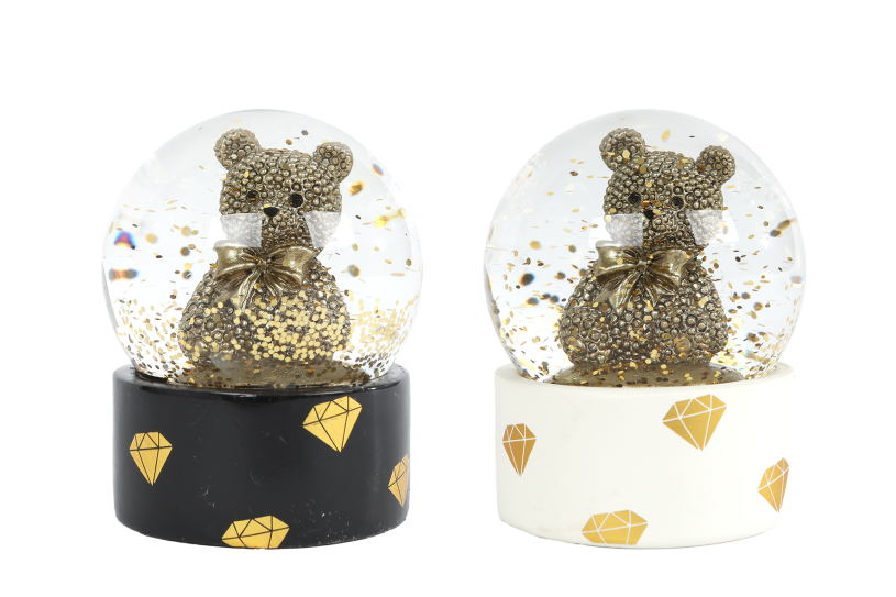 Sneeuwbol teddybeer glinster goud zwart polystone 7x7x9,5cm