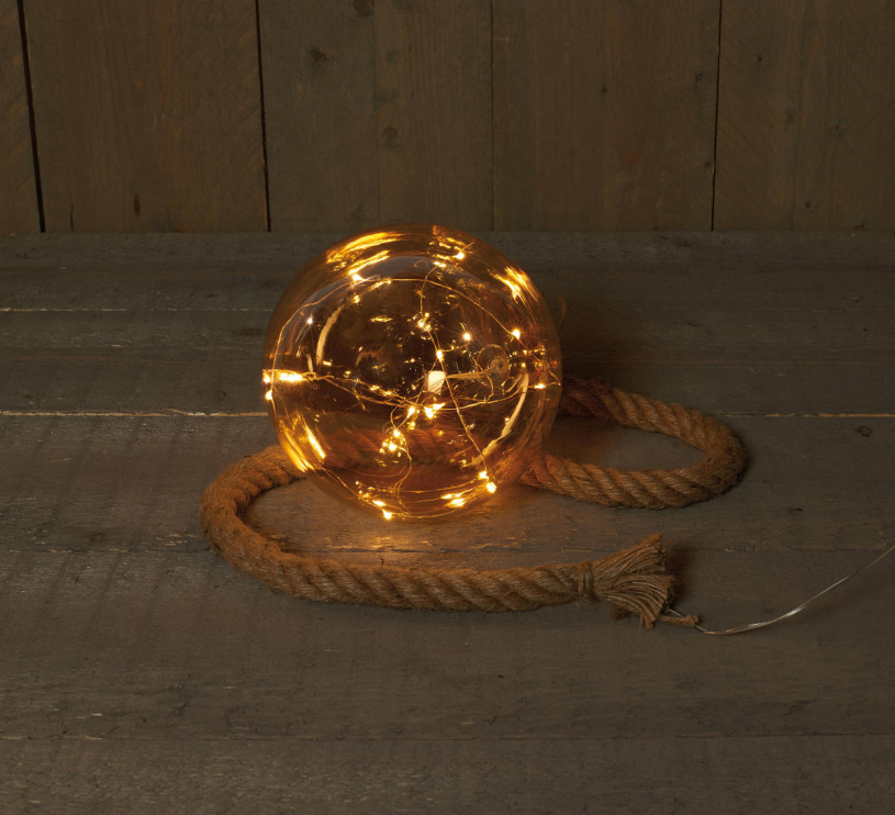 Bal glas goud 18cm aan 1 meter touw 15 leds warmwit