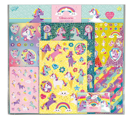 Zestaw naklejek Totum z jednorożcem, XL, 8 arkuszy - w zestawie. luksusowe naklejki z motywem jednorożca 38 x 36 cm - w tym gry - kreatywne zabawki dla dziewcząt i chłopców od 3 lat