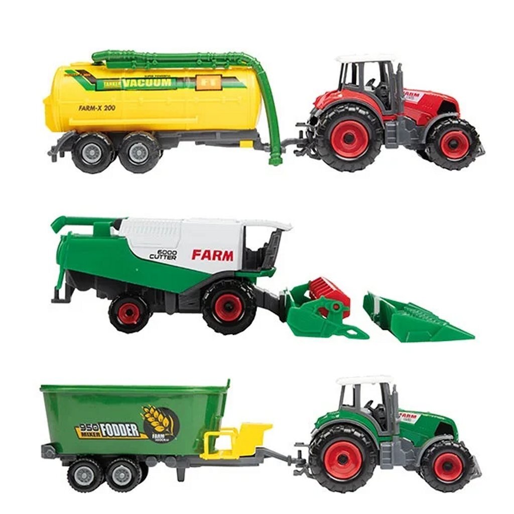 Metalowy zestaw rolniczy Toi-zabawki 6-częściowy traktor + przyczepa 4 różne