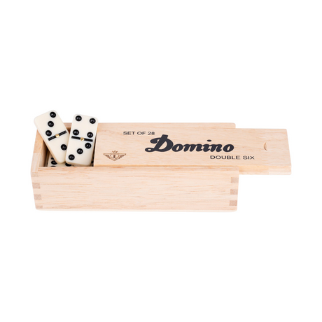 Engelhart domino double 6 small – 28 drewnianych kostek domino z czarnymi oczkami – w zestawie drewniane pudełko z przesuwaną pokrywą –