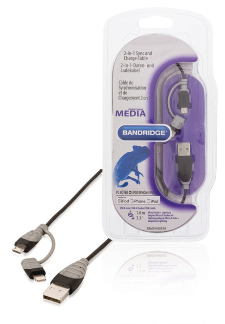 Bandridge BBM39400B10 Kabel do transmisji danych i ładowania 2 w 1 USB Micro-B męski + adapter Lightning - męski A 1,00 m czarny