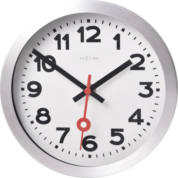 Stacja Nexttime – zegar ścienny, zegar stołowy – 19 cm – szczotkowane aluminium – biały