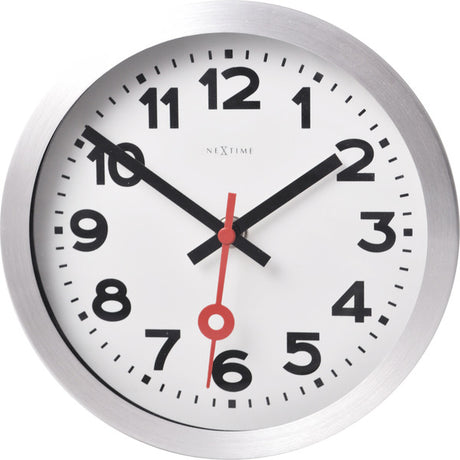 Stacja Nexttime – zegar ścienny, zegar stołowy – 19 cm – szczotkowane aluminium – biały