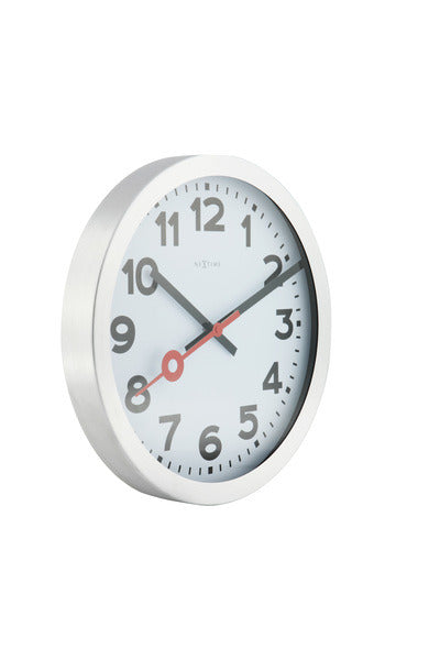 Stacja Nexttime – zegar ścienny, zegar stołowy – 19 cm – szczotkowane aluminium – biały
