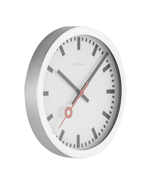 Stacja Nexttime – zegar ścienny, zegar stołowy – 19 cm – szczotkowane aluminium – biały