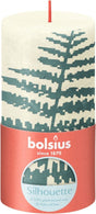Rustykalna świeca okrągła Bolsius 130 68 mm miękka perła z sylwetką paproci