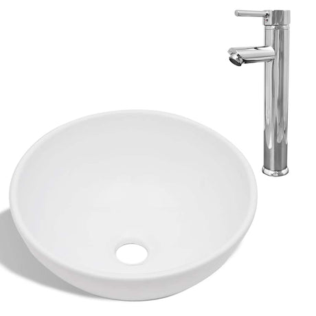 Zlew łazienkowy VidaXL z baterią okrągłą ceramiczną w kolorze białym