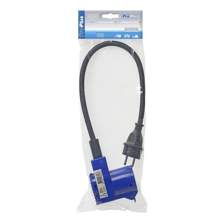 Proplus verloopkabel 40 cm schuko stekker-haakse cee contrastekker + schuko stopcontact zwart blauw