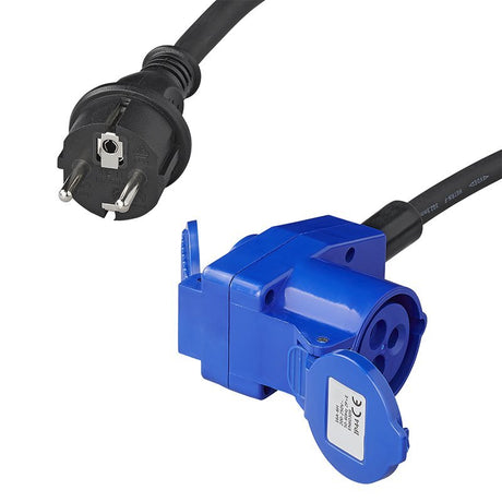 Proplus verloopkabel 40 cm schuko stekker-haakse cee contrastekker + schuko stopcontact zwart blauw