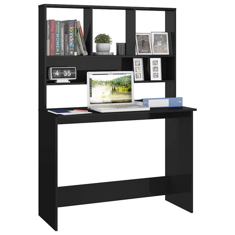 Vidaxl bureau met schappen 110x45x157 cm bewerkt hout hoogglans zwart