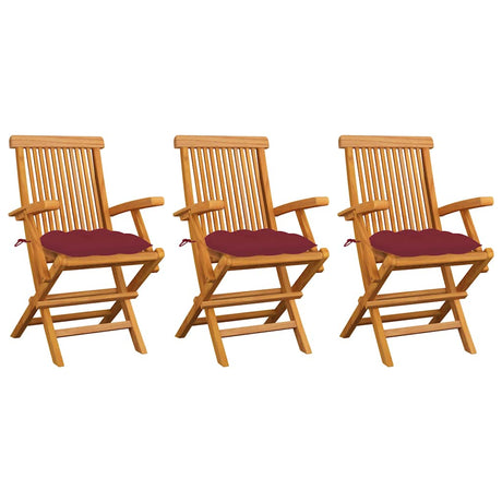 Vidaxl klapstoelen met wijnrode kussens, 3 stuks, massief teakhout