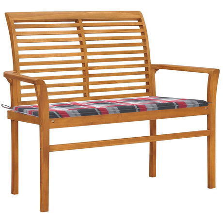 Vidaxl tuinbank met rood geruit kussen 112 cm massief teakhout