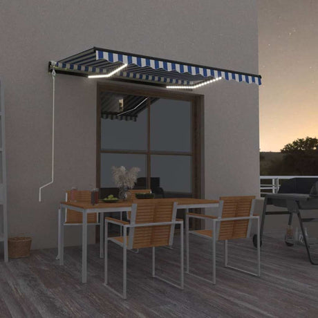 Vidaxl luifel automatyczny z LED i czujnikiem wiatru 300x250 cm niebieski biały biały