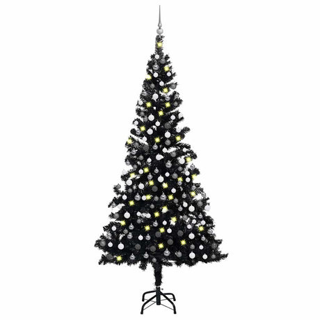 Vidaxl Kunstkerstboom z oświetleniem i kulkami świątecznymi 210 cm PVC czarny