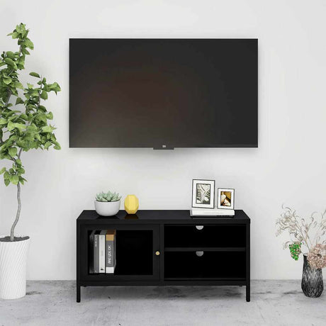 Vidaxl tv-meubel 90x30x44 cm staal en glas zwart
