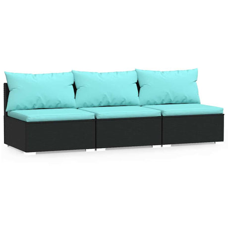 Vidaxl driezitsbank met kussens poly rattan zwart
