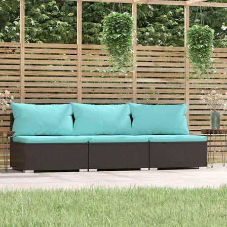 Vidaxl driezitsbank met kussens poly rattan zwart