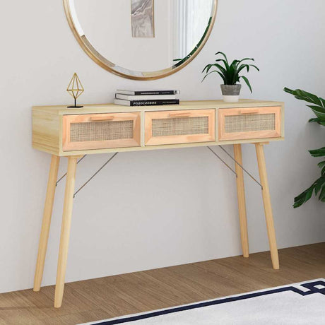 Vidaxl wandtafel 105x30x75 cm massief grenenhout en natuurlijk rattan