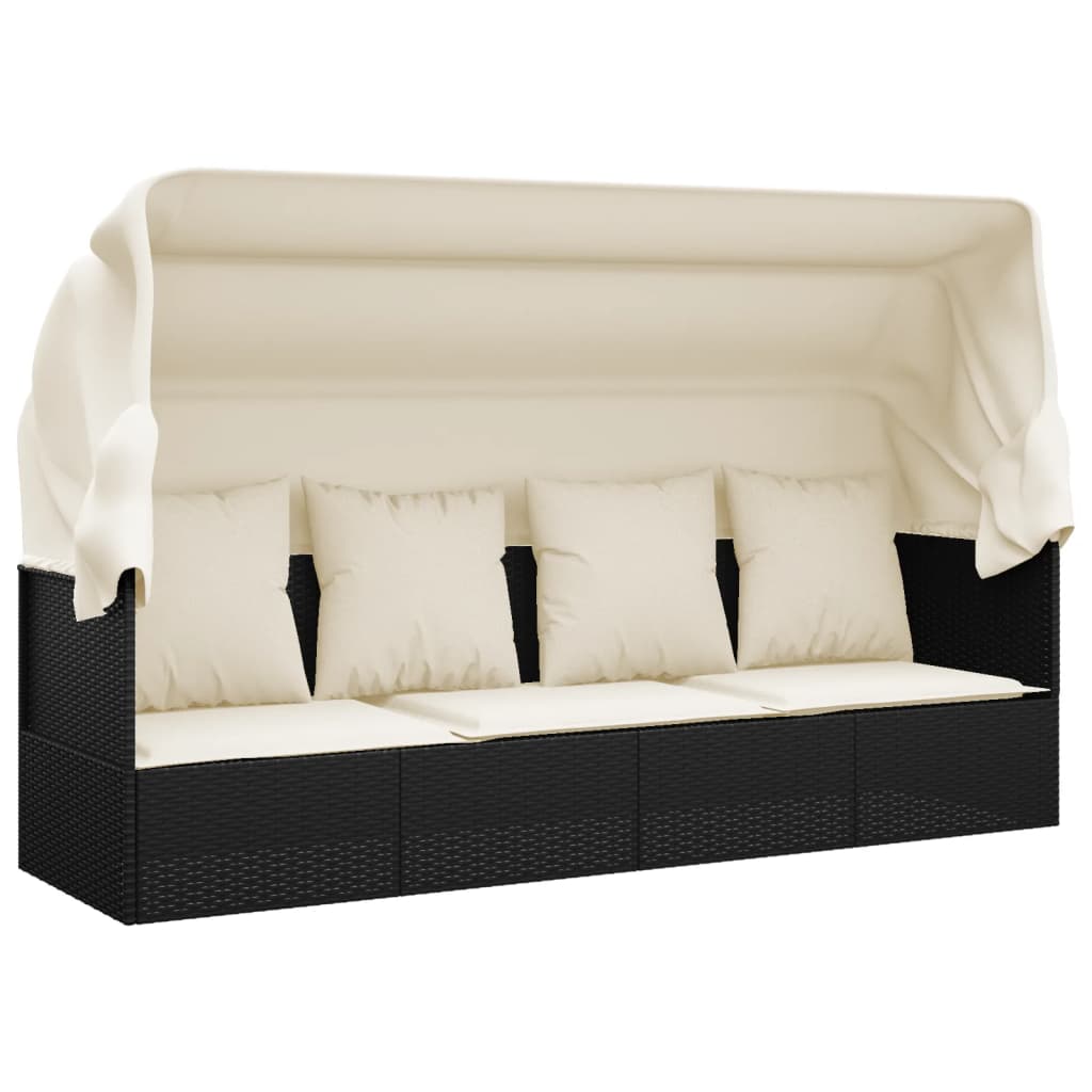 Vidaxl loungebed met luifel en kussens poly rattan zwart