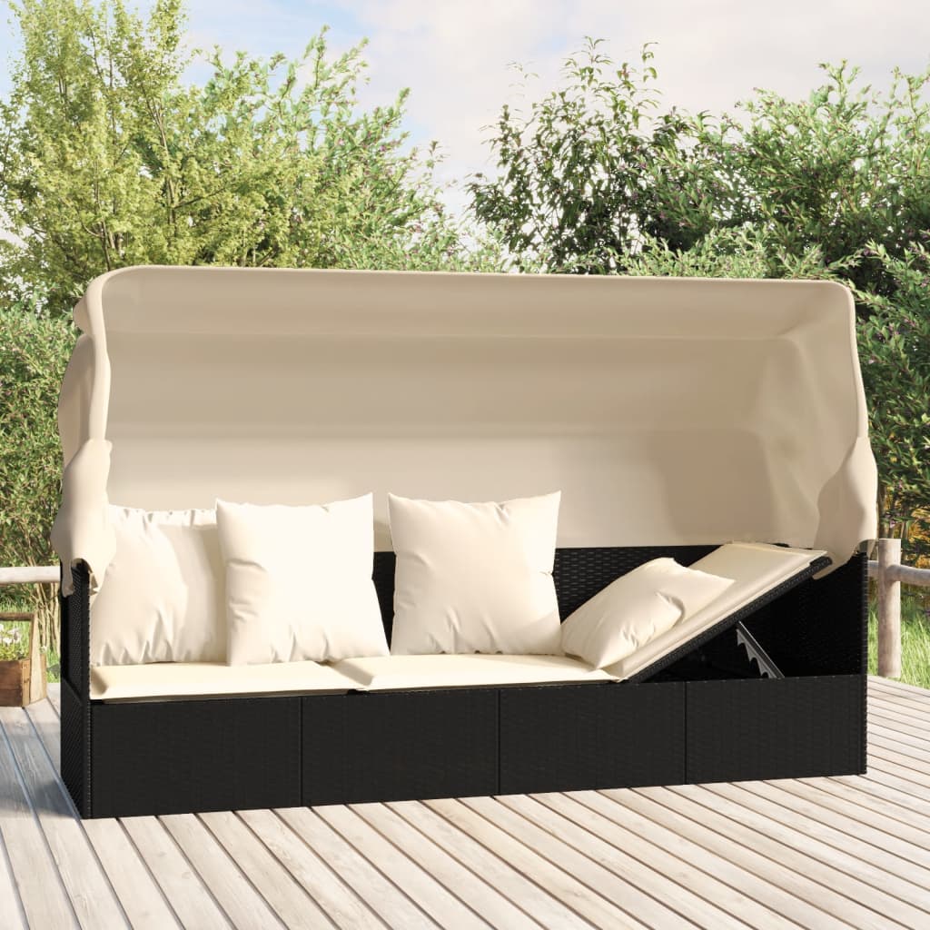 Vidaxl loungebed met luifel en kussens poly rattan zwart