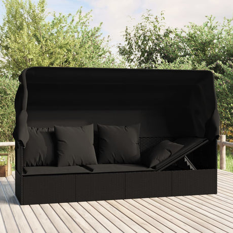 Vidaxl loungebed met luifel en kussens poly rattan zwart