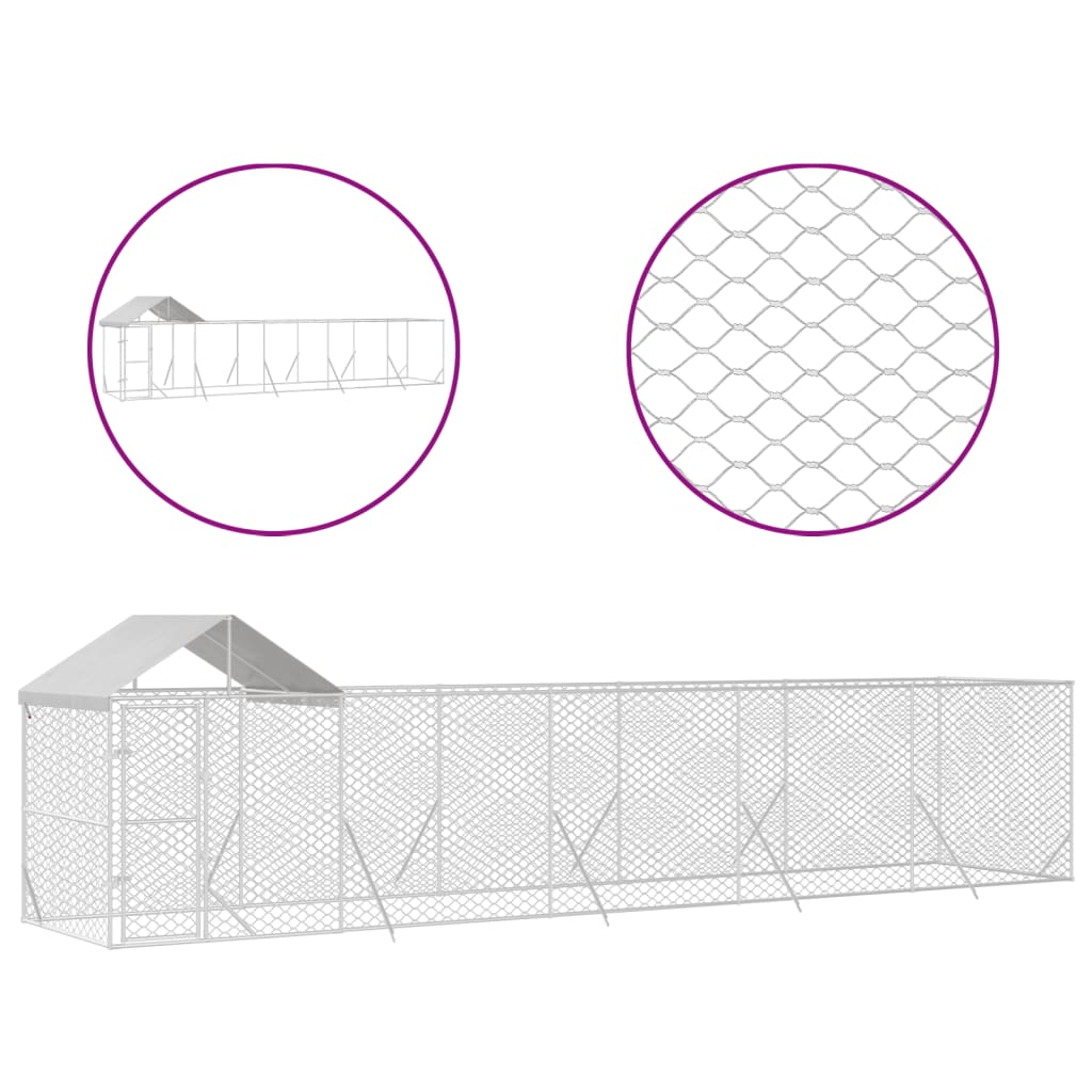 VidaXL Buda dla psa z dachem 10x2x2,5 m, stal ocynkowana, srebrna