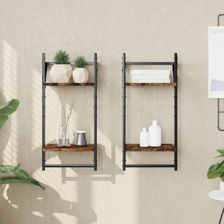 Vidaxl wandschappen 2-laags met stangen 2 st 30x25x65 cm gerookt eiken
