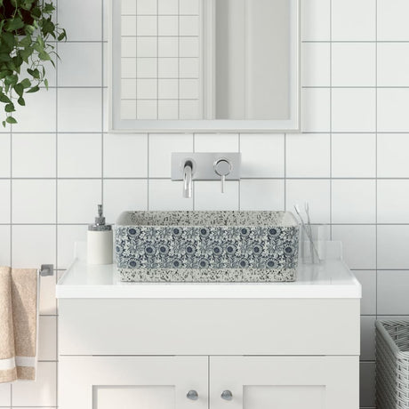 Vidaxl opzetwasbak rechthoekig 46x35,5x13 cm keramiek grijs en blauw