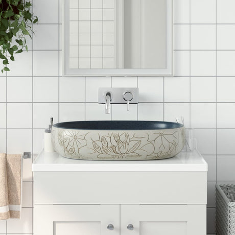 Zlew nablatowy Vidaxx owalny 59x40x14 cm ceramiczny w kolorze piaskowym i niebieskim